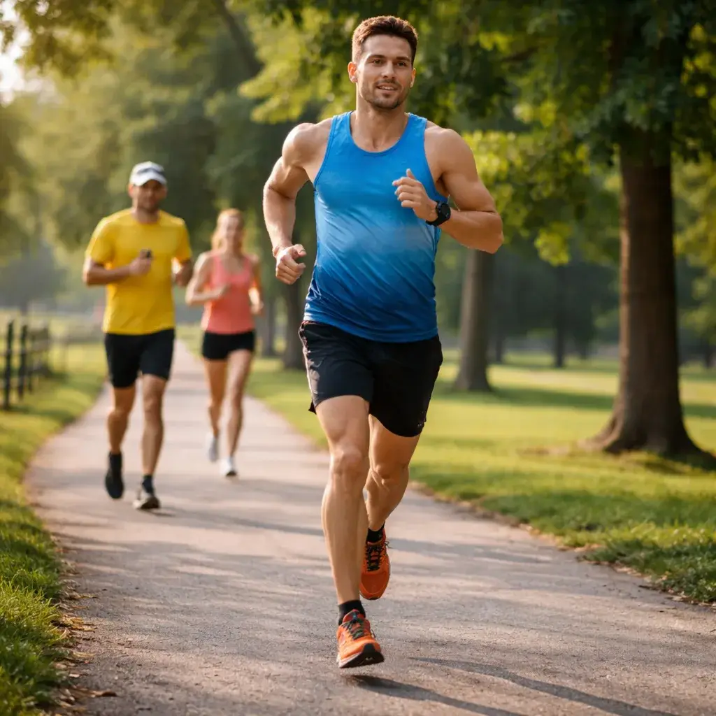 Runner leading a group during a running coaching session in a park