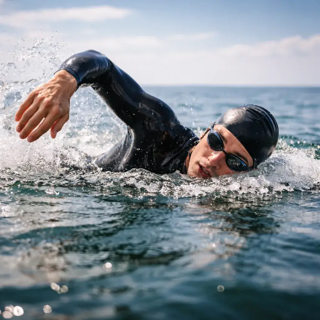 Open water swimmer swimming with an efficient, powerful stroke during a Sub-10.5 Hour Ironman Training Plan, water droplets glistening with smooth rhythm and a softly blurred horizon