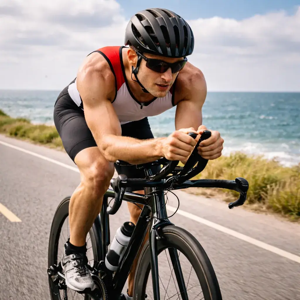 Strong triathlete riding in an aerodynamic position on a seaside bike path during a Sub-11 Hour Ironman Training Plan, steady endurance pacing with wind resistance and calm ocean horizon in the background
