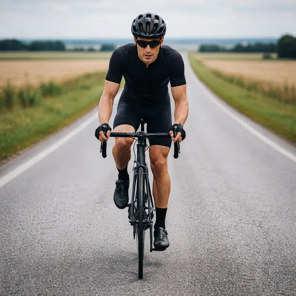 Male road cyclist riding at steady endurance pace on a long open country road during a 100 km cycling training plan ride