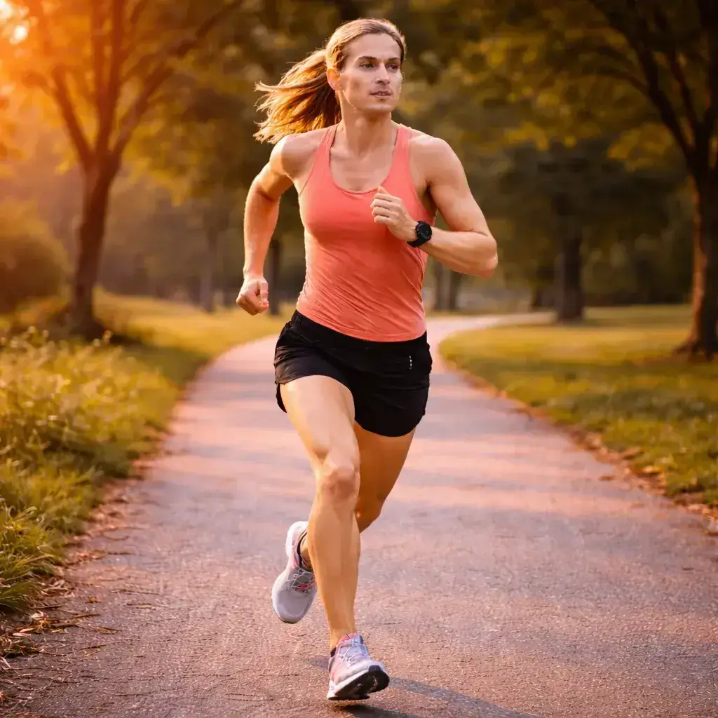 Female runner training at a steady endurance pace on a park path during a 10 km running training plan