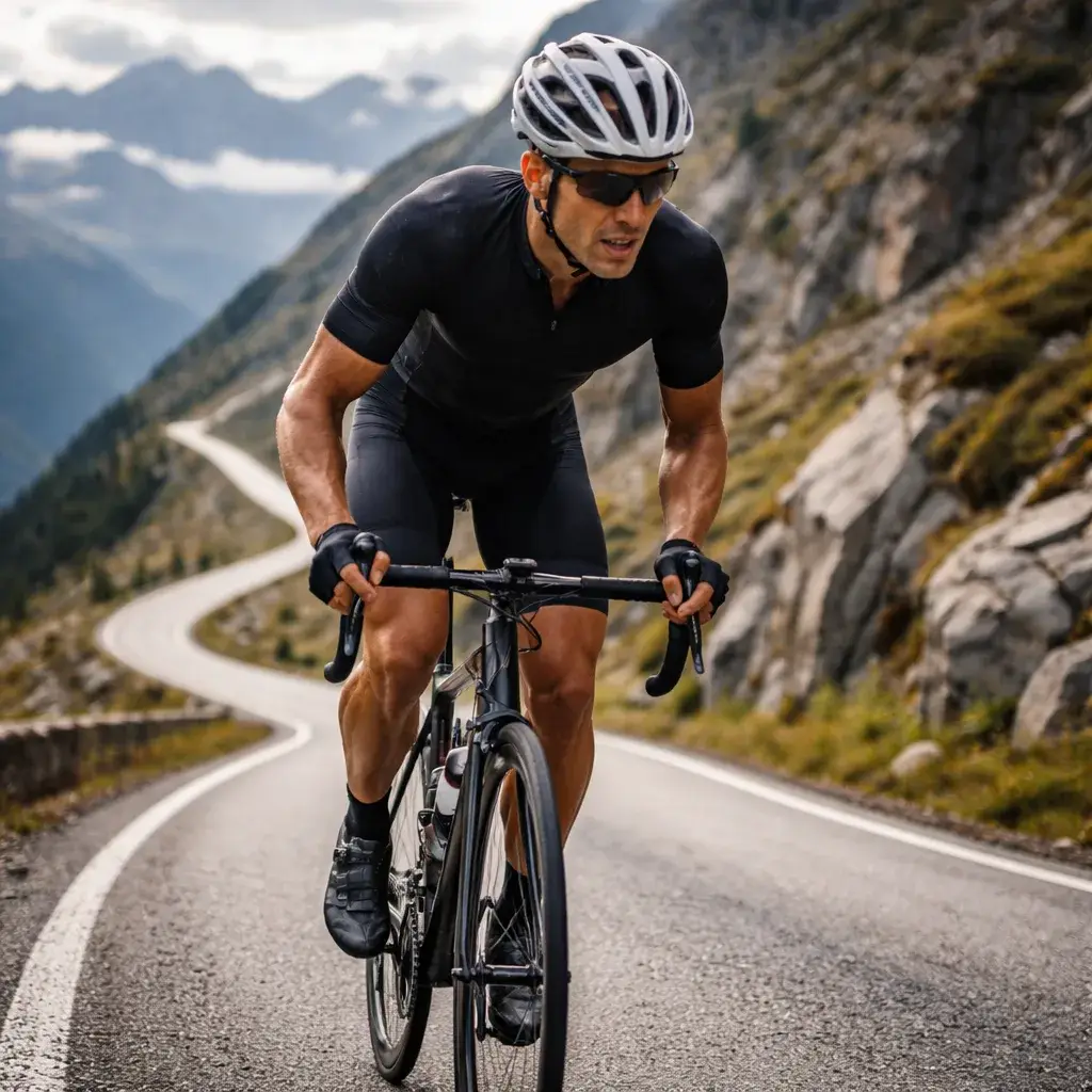 Male cyclist riding through high alpine terrain on a long mountain pass during a 5-day Haute Route cycling training plan