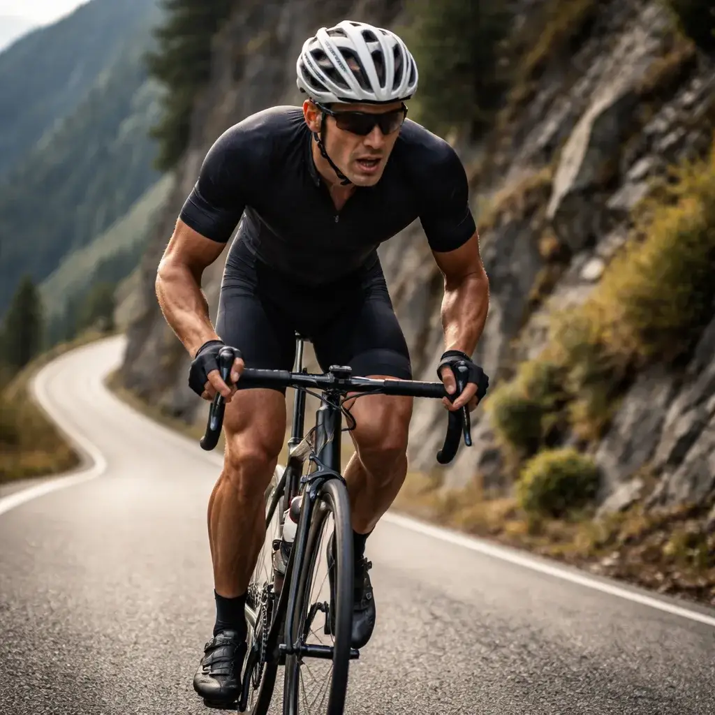 Male road cyclist climbing a steep hill out of the saddle during a cycling climbing training session