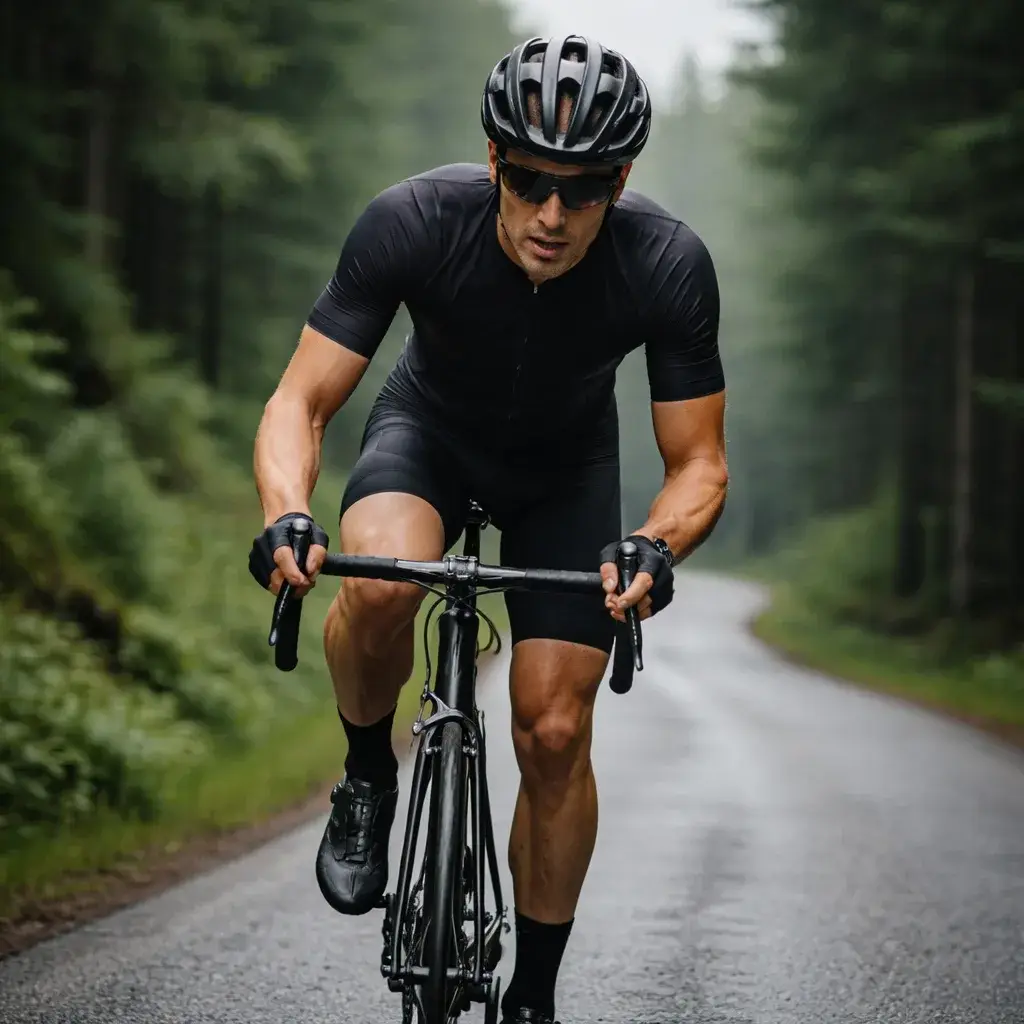 Cyclist riding uphill at threshold effort during a structured cycling threshold training plan workout on a steady forest climb