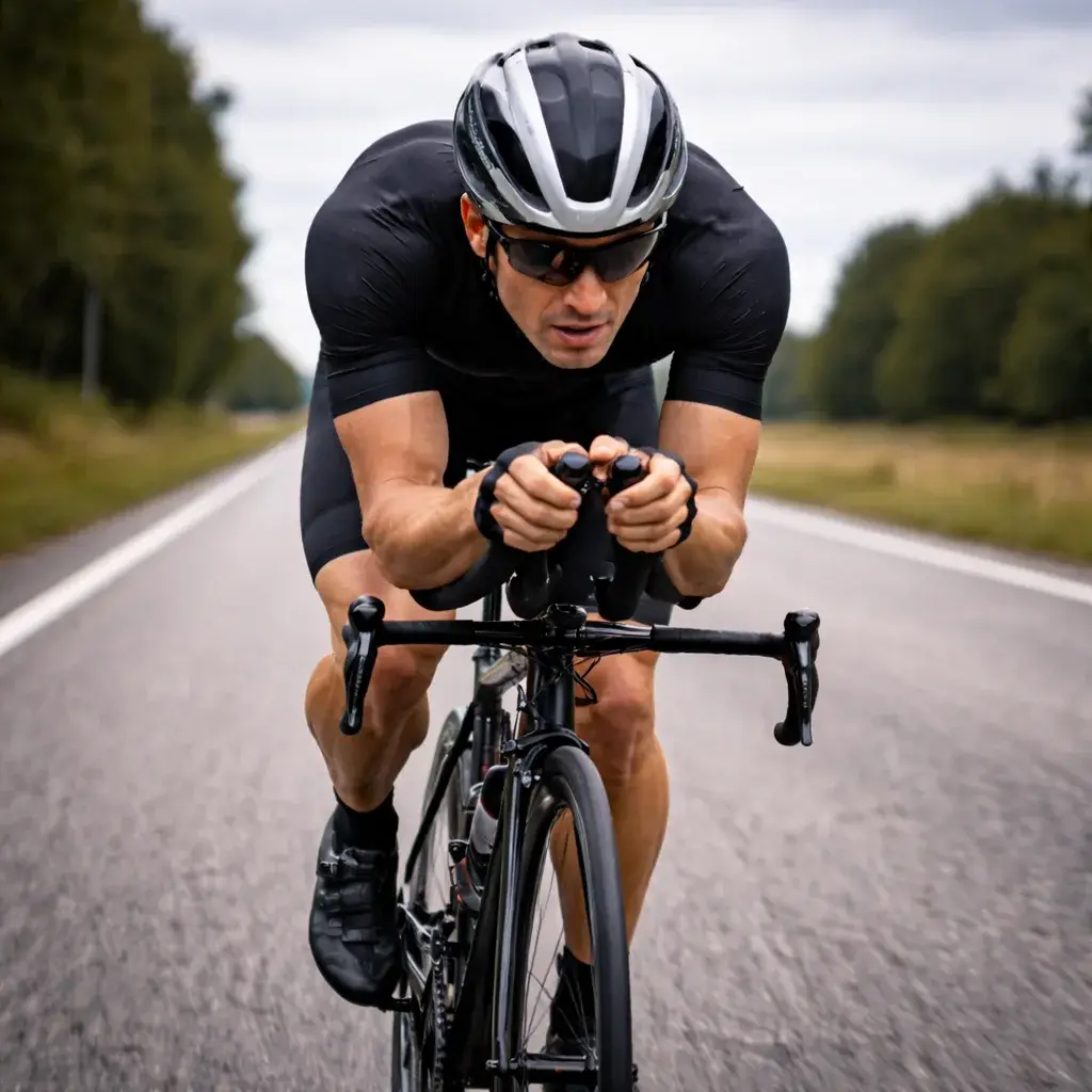 Male cyclist riding in an aerodynamic time trial position on a flat straight road during a cycling time trial training plan