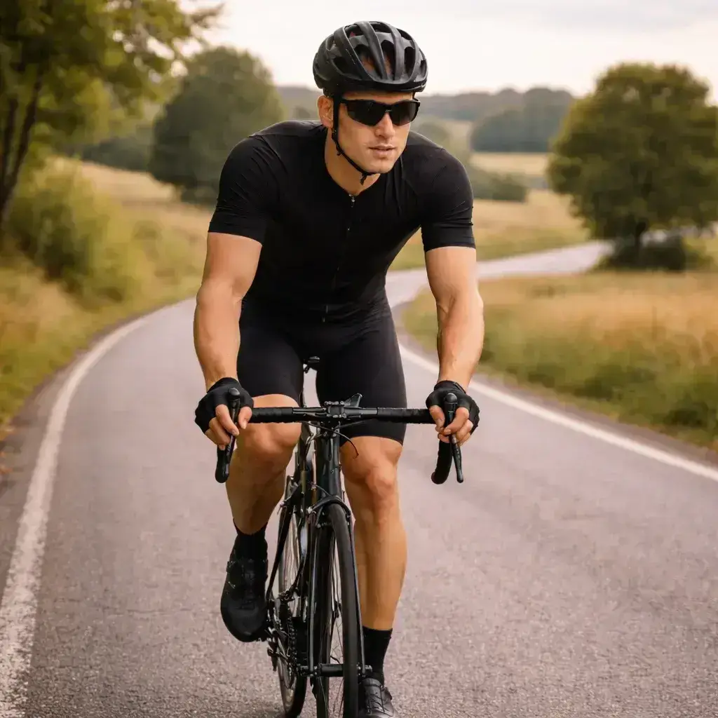 Male road cyclist riding at a relaxed aerobic pace on a gentle road during a cycling weight loss training plan, calm expression and smooth cadence in a sustainable effort setting