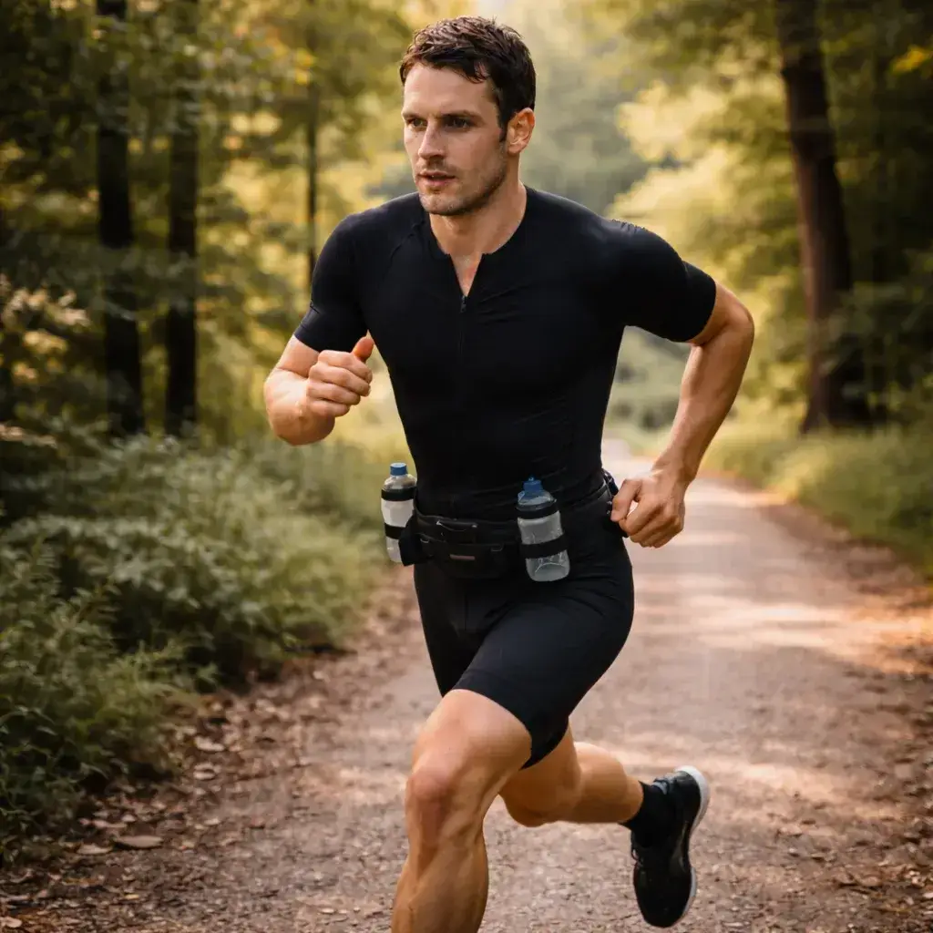 Triathlete running mid-stride on a shaded trail during a Half Ironman 70.3 running training plan, focused expression and strong post-bike running form in a quiet natural setting
