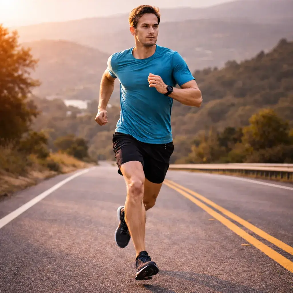 Runner training on a paved road at a steady endurance pace during a half marathon training plan