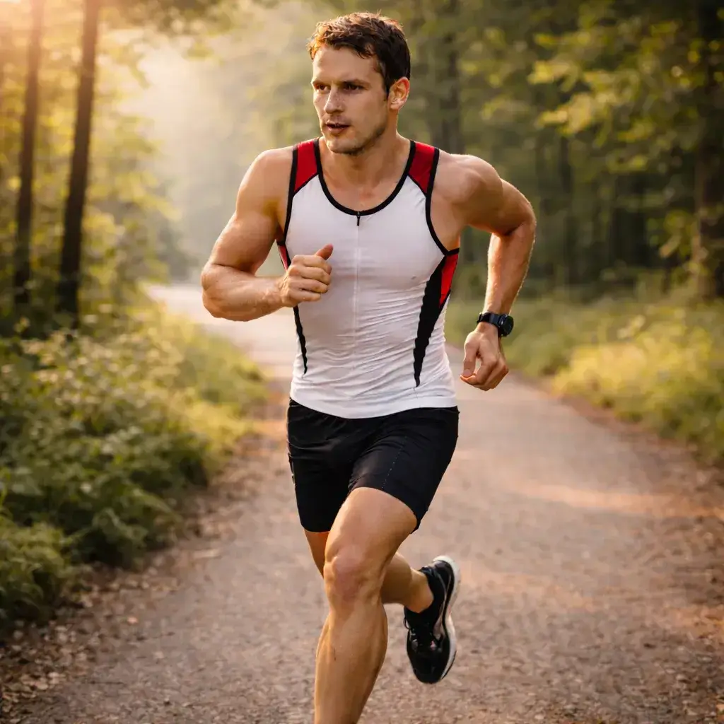 Beginner triathlete running on a quiet footpath in the early morning during an Ironman beginner training plan, showing steady endurance form, slight fatigue, and base-building effort with road shoes and racing singlet visible