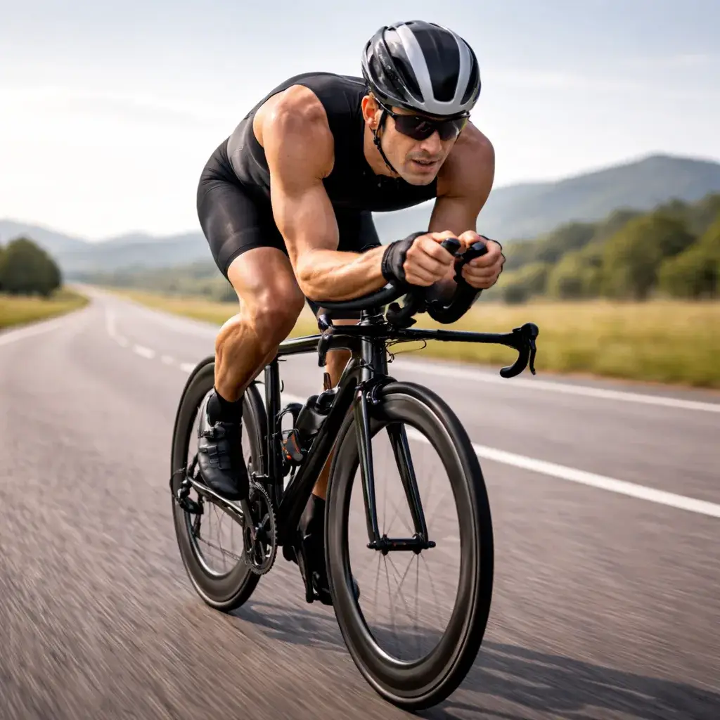 Triathlete riding a time trial bike at steady endurance pace during an Ironman Cycling Training Plan