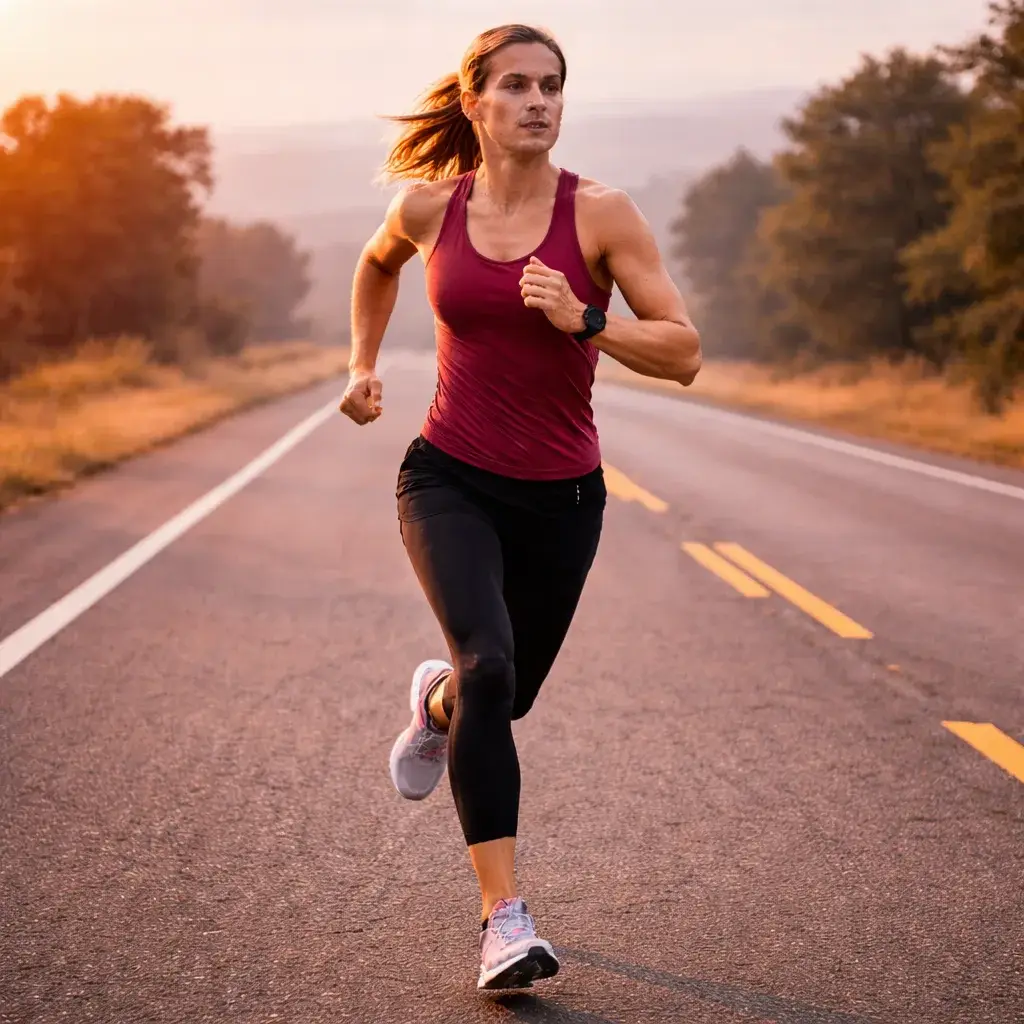 Runner training on a long open road at steady endurance pace during a marathon training plan