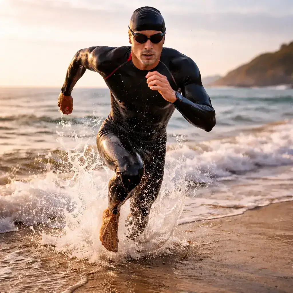 Triathlete exiting the swim with strong acceleration during a sprint distance triathlon training plan