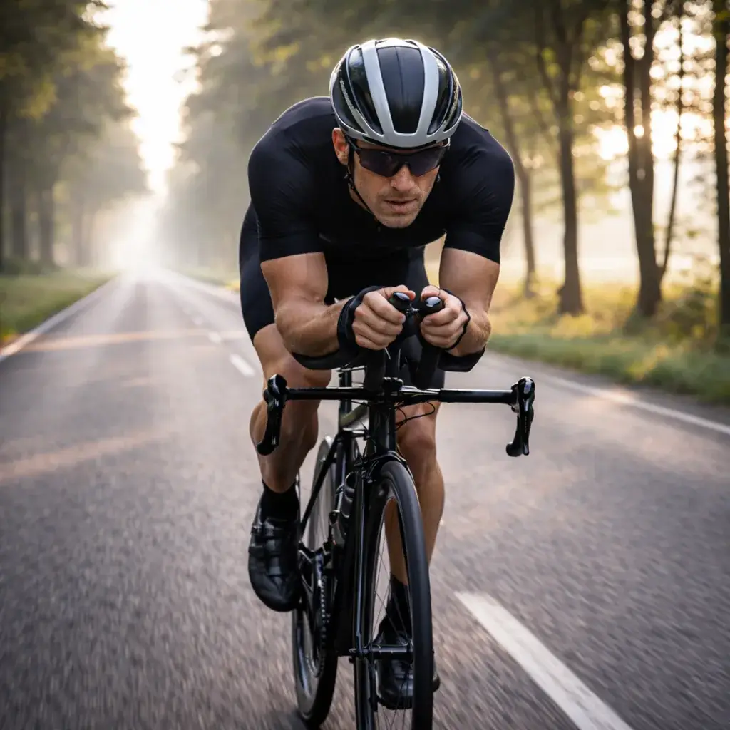 Triathlete riding smoothly in an aerodynamic position for a Sub-6.5 Hour Half Ironman (70.3) Plan