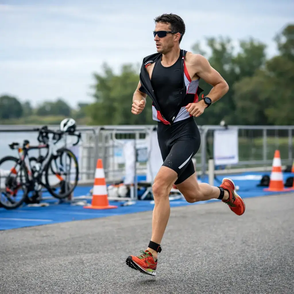 Triathlon coaching session with athlete transitioning between disciplines