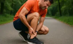Runner crouching on a park path, holding Achilles tendon in visible pain