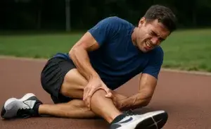 Runner lying on track holding calf muscle in pain during outdoor run