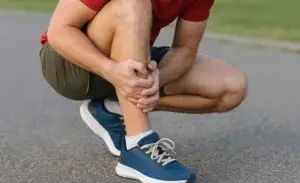A male runner clutching his shin in pain during a run, illustrating tibialis anterior discomfort.