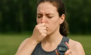 Woman performing bolt score test by holding her breath with nose pinched.