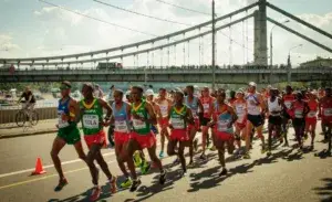 Elite runners competing in a city race during December marathons