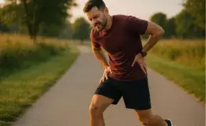 Runner holding hip in pain after running on a quiet morning trail.