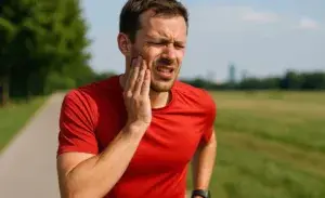 Runner experiencing jaw pain while running on a sunny outdoor trail.