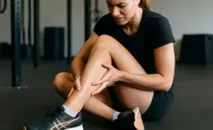Runner holding sore calf muscle after running in pain – calf pain after running.