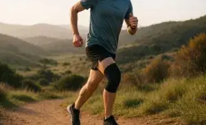 Runner on trail wearing knee sleeves for running.