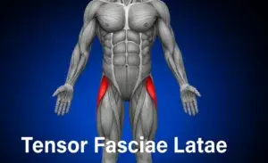 Anatomical illustration highlighting the tensor fasciae latae muscle in red on a muscular human figure, showing its location and structure for runners.
