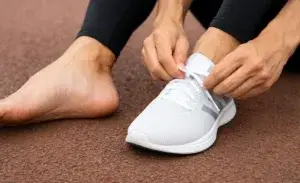 Runner tying shoes after training, showing bare foot with toenail turning black without injury.