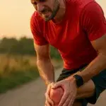 torn meniscus runner holding knee in pain on trail at sunrise.