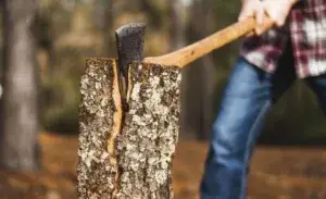 wood chopping workout with axe splitting log.