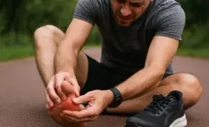 Runner with sore toe sitting on track holding his foot in pain