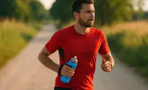 Runner holding water bottles for joggers on a sunny trail.