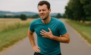 Runner experiencing chest pain while running on a rural path, showing signs of chest hurts when running.