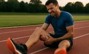 Male runner sitting on a track clutching his hamstring in visible pain after a workout, showing the physical effects of cramp after running and the need for post-run recovery strategies.