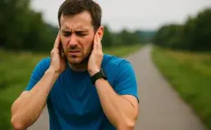 Runner holding ears in pain after running outdoors