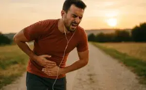 Runner with side stitch while running on gravel path at sunset.
