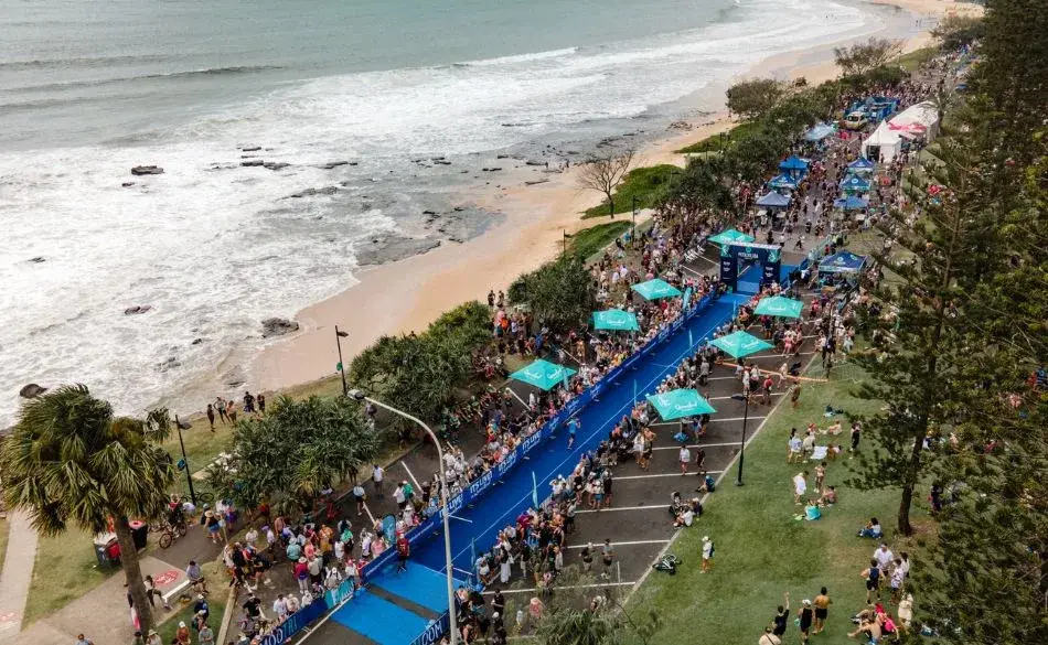 Mooloolaba Triathlon finish line along the Esplanade with ocean views
