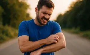 Runner’s itch causing a runner to stop and scratch his arm during training
