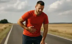 Runner pausing on a scenic road, holding their core after a long workout, showing abs sore after running