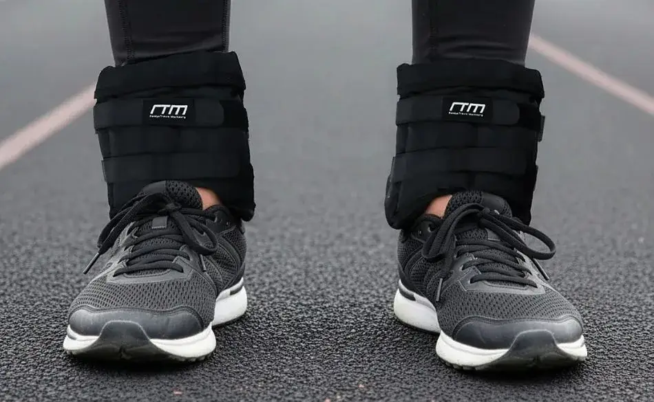 Person wearing ankle weights during ankle weight exercises on a running track to build leg strength and stability