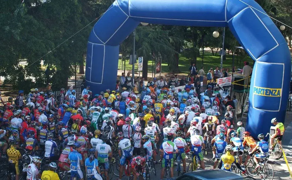 Cyclists gathered at the start line of one of the best gran fondos in the world