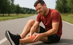 Runner stretching lower leg after training — performing the best shin splint exercises to relieve pain