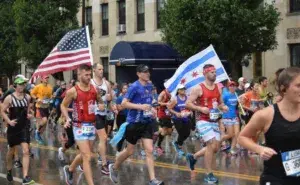 Group of runners participating in a spring marathon in America.