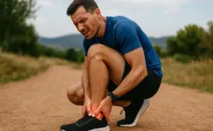 Runner sitting on a track holding their foot showing heel hurts when running.