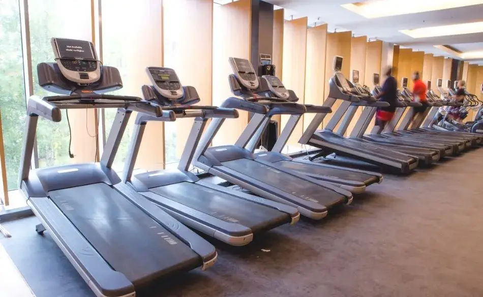 Row of treadmills in a bright fitness studio – running machine incline training setup