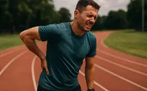 Runner pausing on a scenic path to stretch after feeling a sore back from running.