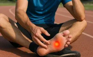 Runner experiencing a painful hot spot while running, holding their foot outdoors on a sunny day.