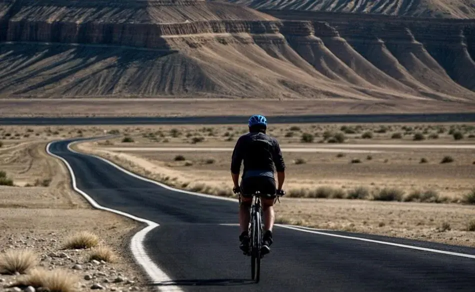 Cyclist riding through a long desert road during an ultra-endurance ride showing the risk of Shermer’s Neck