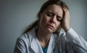 woman looking unwell and holding her head, representing the question should i run with a cold and cough